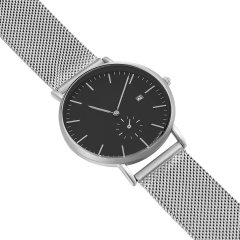OEMデザインブラックダイヤルシルバーメッシュストラップメンズ腕時計